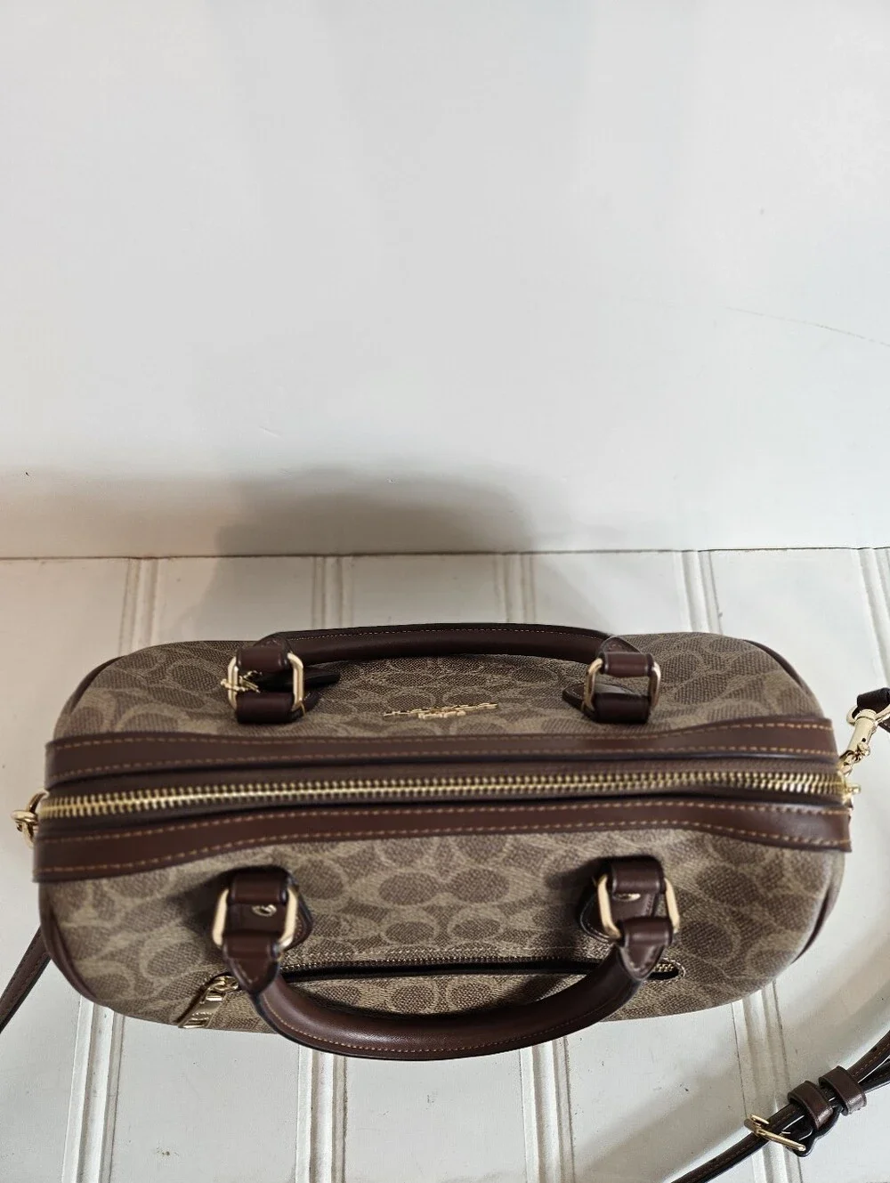 Coach Satchel OS Rowan Signature Canvas Crossbody Top Handle Gold Tan Brown